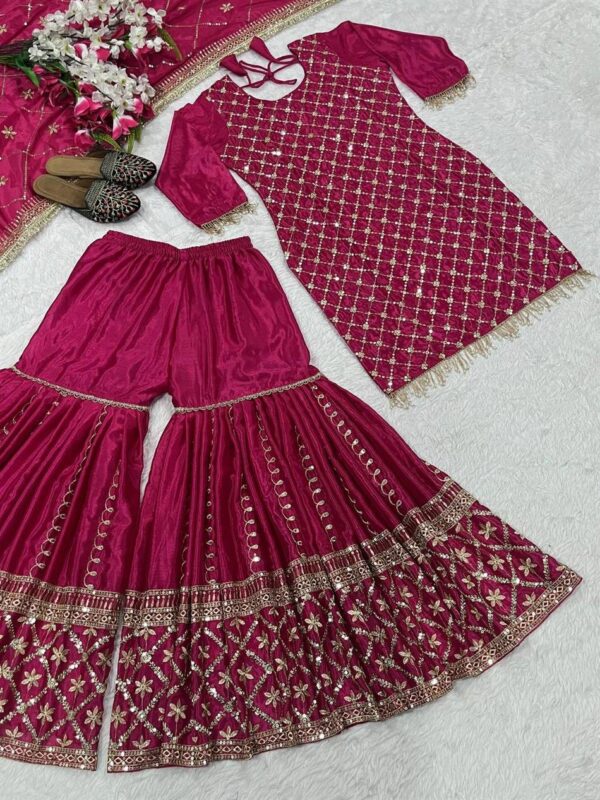 Buy Chinnon Silk Embroidered Sharara Plazo Set with Dupatta - Image 3