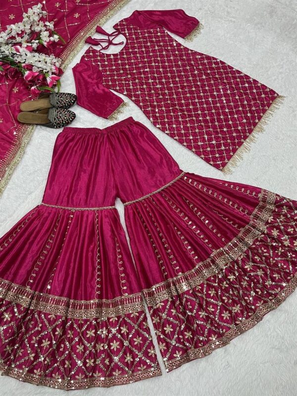 Buy Chinnon Silk Embroidered Sharara Plazo Set with Dupatta - Image 5
