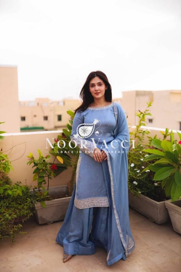 Buy Faux Georgette Embroidered Top with Sharara Plazzo & Dupatta - Image 2