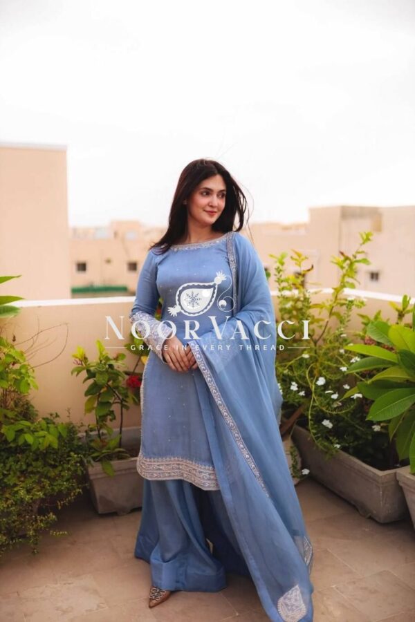Buy Faux Georgette Embroidered Top with Sharara Plazzo & Dupatta - Image 3