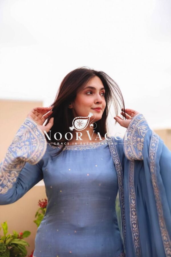 Buy Faux Georgette Embroidered Top with Sharara Plazzo & Dupatta - Image 7
