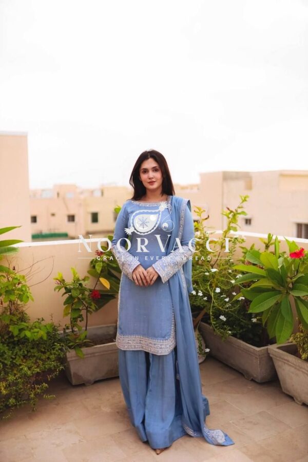 Buy Faux Georgette Embroidered Top with Sharara Plazzo & Dupatta - Image 4
