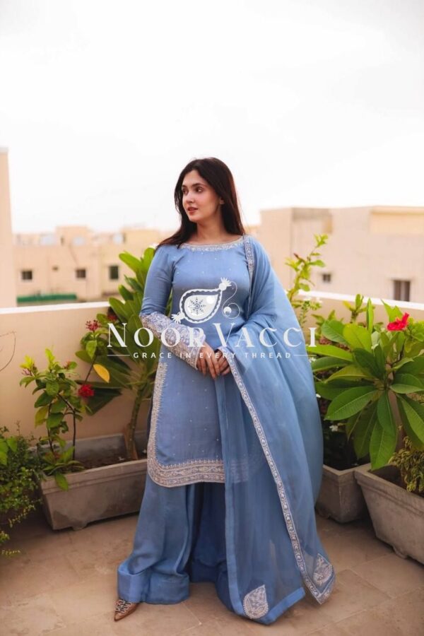 Buy Faux Georgette Embroidered Top with Sharara Plazzo & Dupatta - Image 5