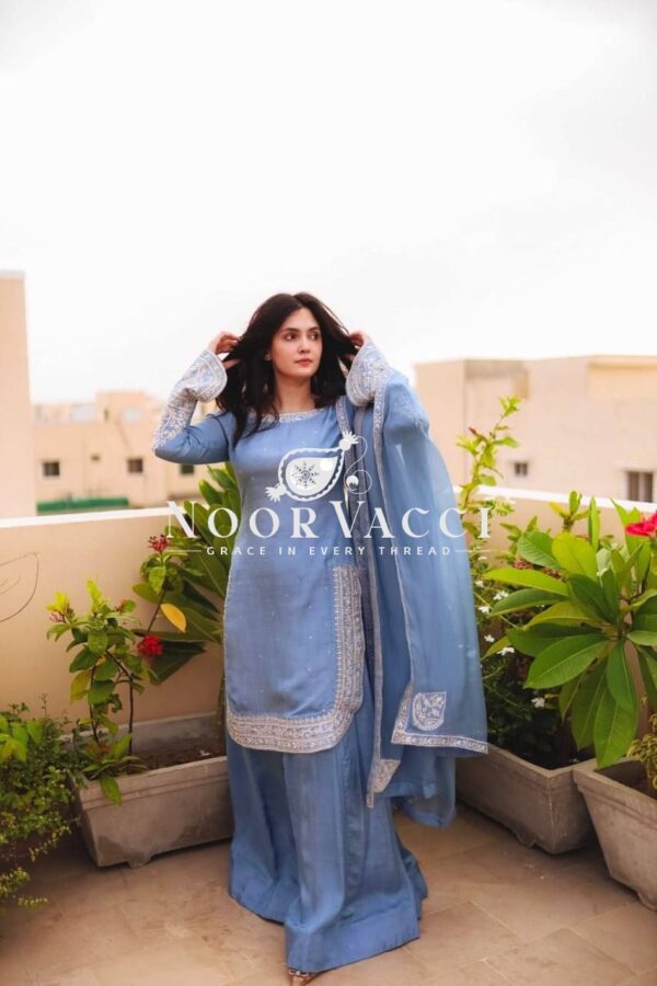 Buy Faux Georgette Embroidered Top with Sharara Plazzo & Dupatta - Image 6
