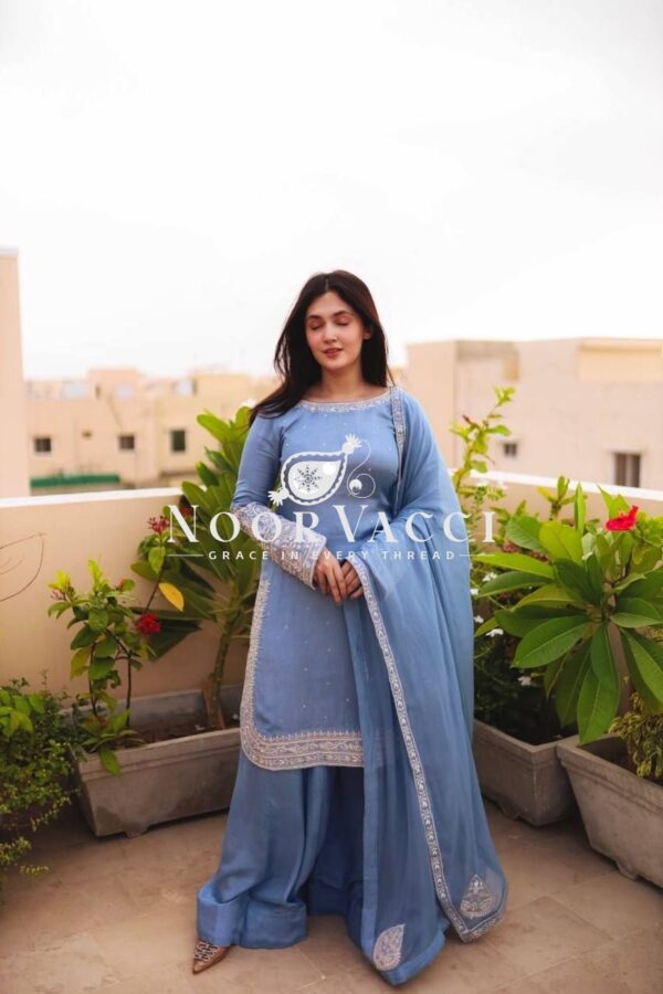 Buy Faux Georgette Embroidered Top with Sharara Plazzo & Dupatta - Image 10