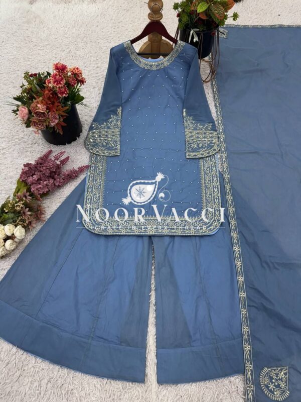 Buy Faux Georgette Embroidered Top with Sharara Plazzo & Dupatta - Image 11