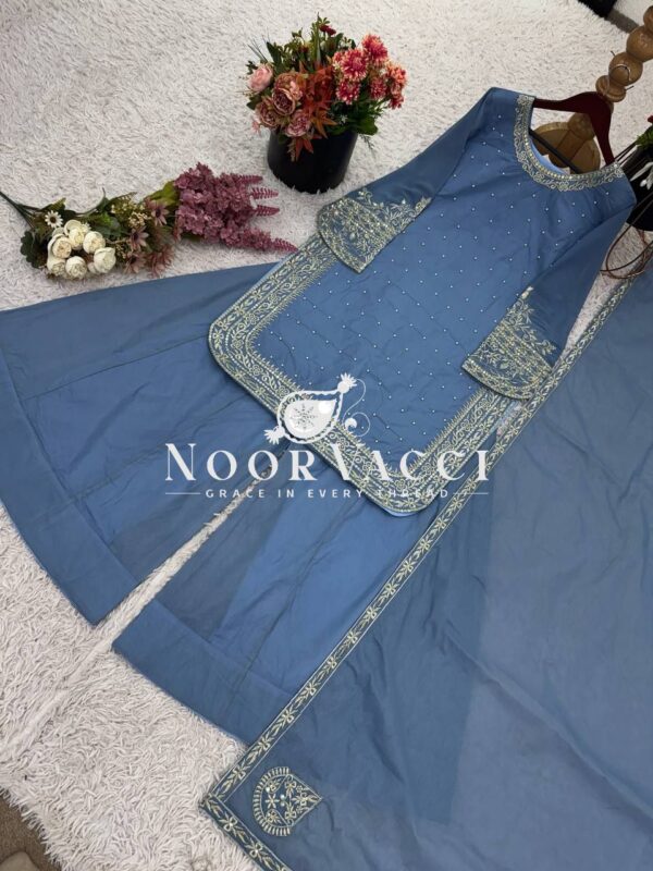 Buy Faux Georgette Embroidered Top with Sharara Plazzo & Dupatta - Image 9