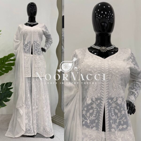 Shop Faux Georgette Thread Embroidered Plazzo Set with Dupatta - Image 2
