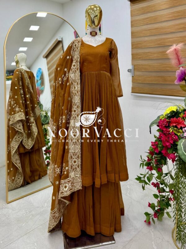 Shop Gold Crazy Embroidered Sharara Suit Set with Dupatta - Image 8