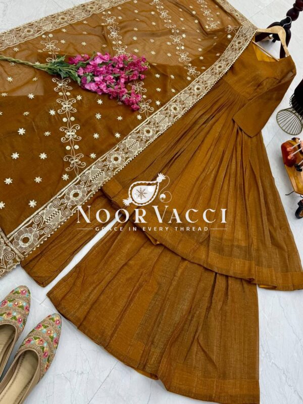 Shop Gold Crazy Embroidered Sharara Suit Set with Dupatta - Image 11