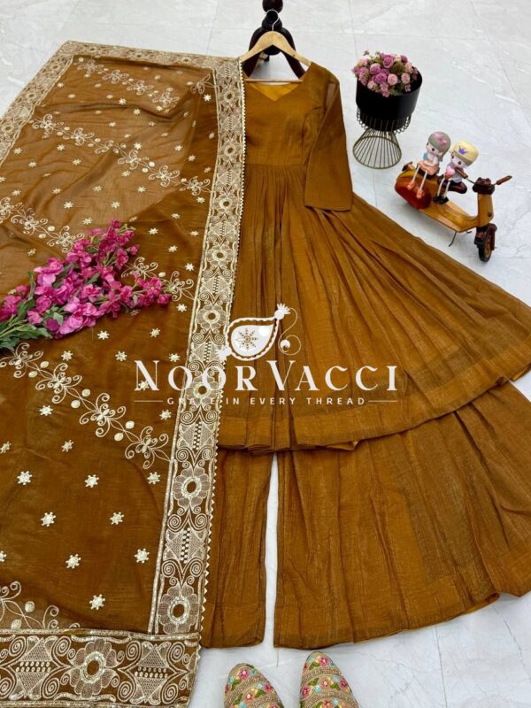 Shop Gold Crazy Embroidered Sharara Suit Set with Dupatta - Image 13