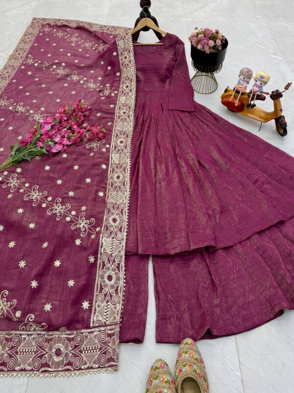 Shop Gold Crazy Embroidered Sharara Suit Set with Dupatta - Image 17