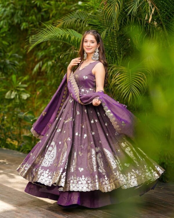 Buy Crunchy Silk Embroidered Gown Set with Plazzo and Dupatta