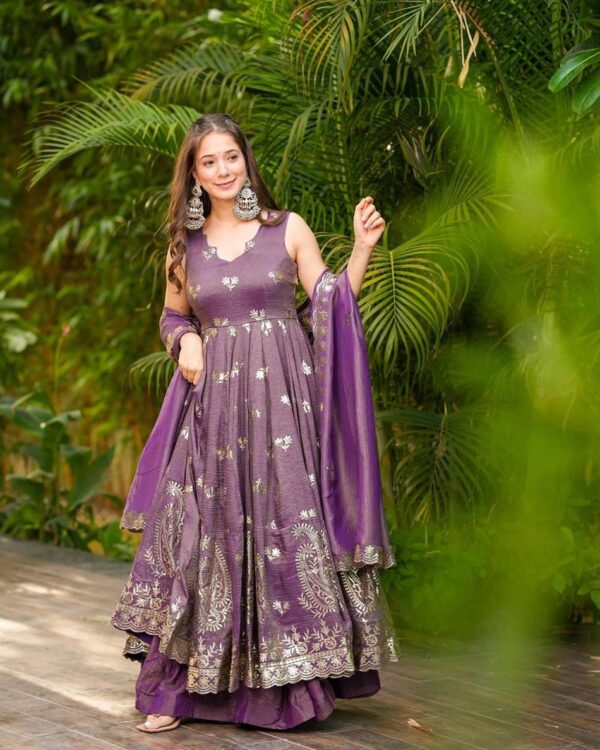 Buy Crunchy Silk Embroidered Gown Set with Plazzo and Dupatta - Image 2