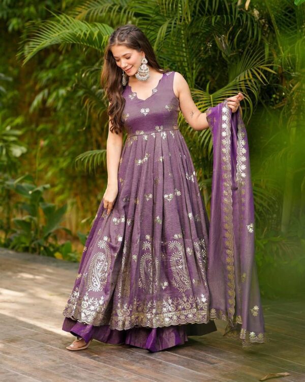 Buy Crunchy Silk Embroidered Gown Set with Plazzo and Dupatta - Image 3