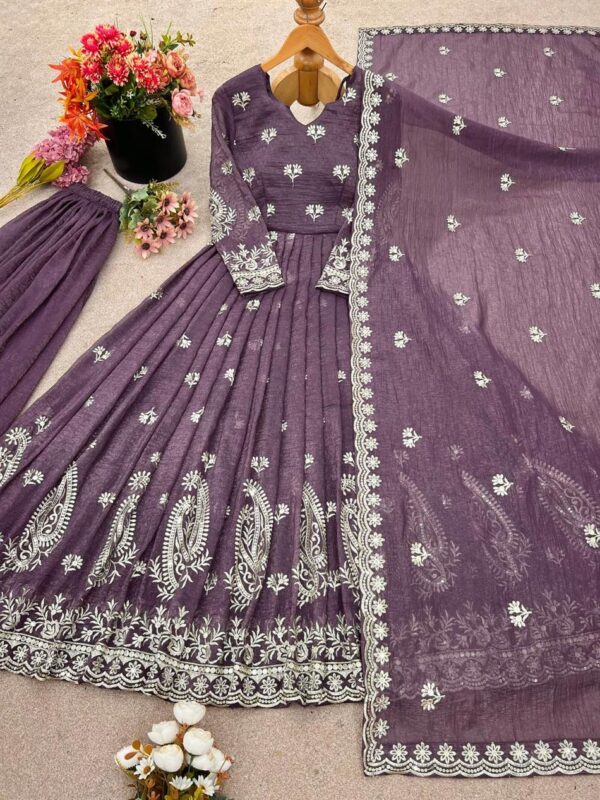Buy Crunchy Silk Embroidered Gown Set with Plazzo and Dupatta - Image 10