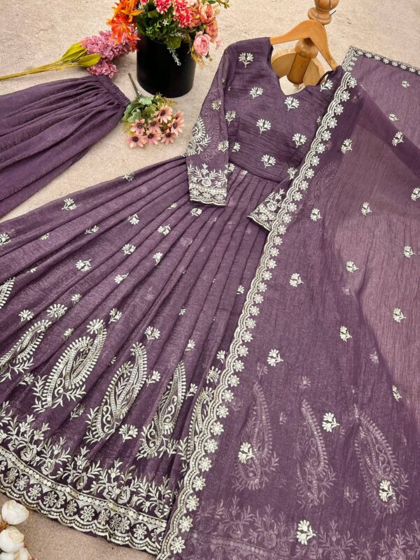 Buy Crunchy Silk Embroidered Gown Set with Plazzo and Dupatta - Image 6