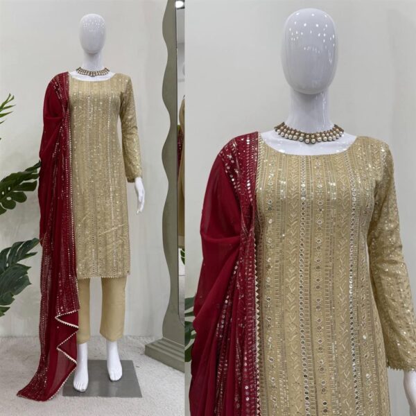 Shop Faux Georgette 9mm Sequence Work Suit with Pant and Dupatta - Image 11