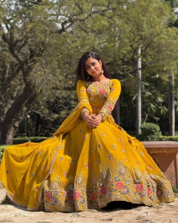 Buy Faux Georgette Embroidered Lehenga Set with Coding Dori & Lace Border Dupatta