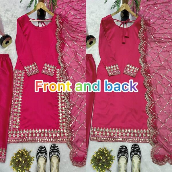 Shop Malay Satin Silk Embroidered Pakistani Suit with Dupatta - Image 4