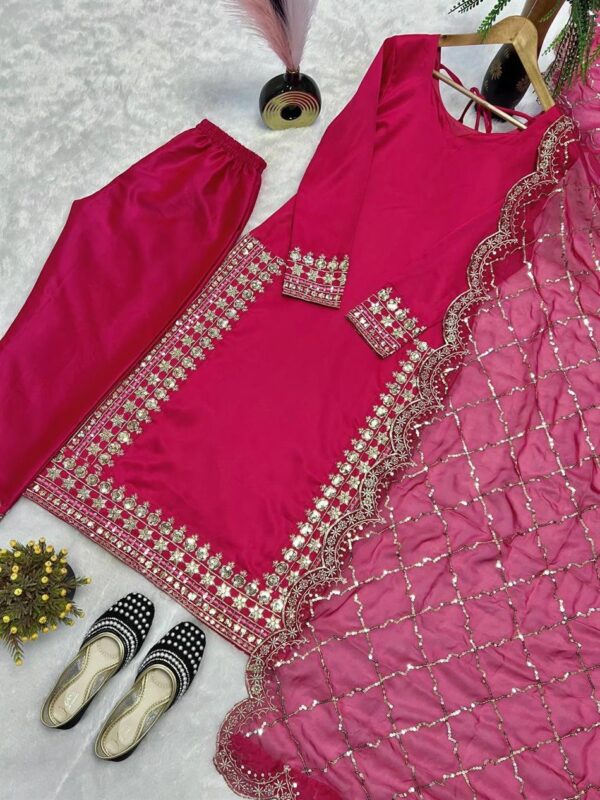 Shop Malay Satin Silk Embroidered Pakistani Suit with Dupatta - Image 5