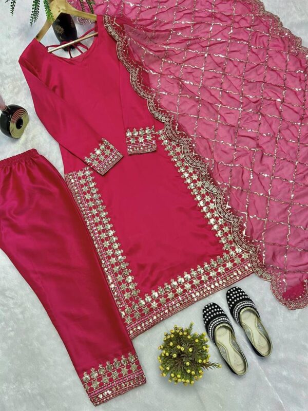 Shop Malay Satin Silk Embroidered Pakistani Suit with Dupatta - Image 7
