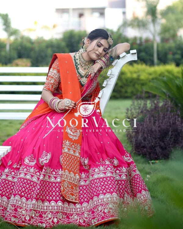 Shop Faux Georgette Embroidered Lehenga Set with Dual Dupattas & Cancan Flair - Image 3