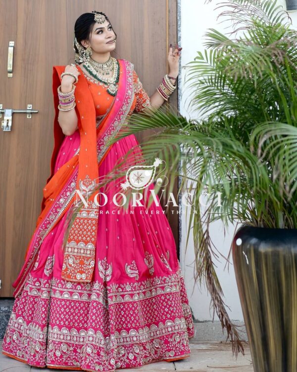 Shop Faux Georgette Embroidered Lehenga Set with Dual Dupattas & Cancan Flair - Image 2