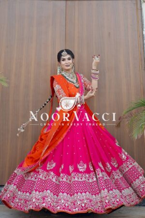 Shop Faux Georgette Embroidered Lehenga Set with Dual Dupattas & Cancan Flair