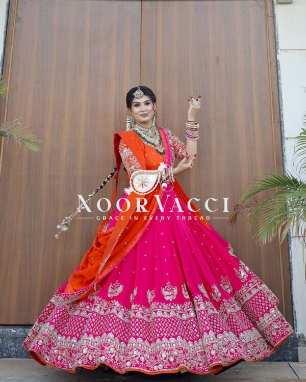 Shop Faux Georgette Embroidered Lehenga Set with Dual Dupattas & Cancan Flair