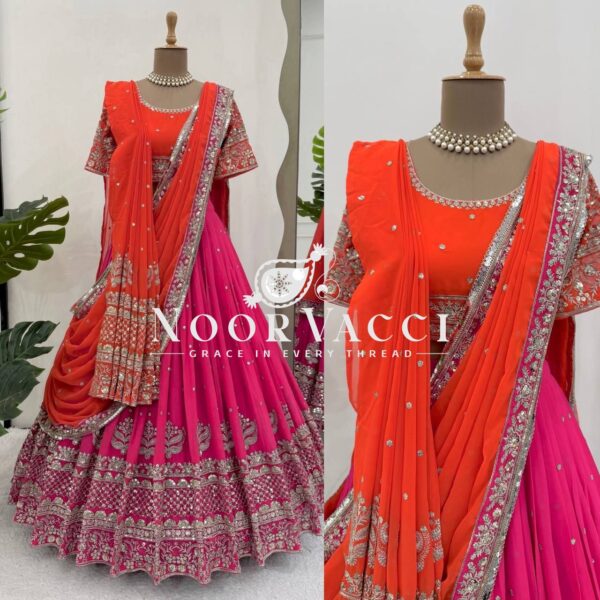 Shop Faux Georgette Embroidered Lehenga Set with Dual Dupattas & Cancan Flair - Image 6