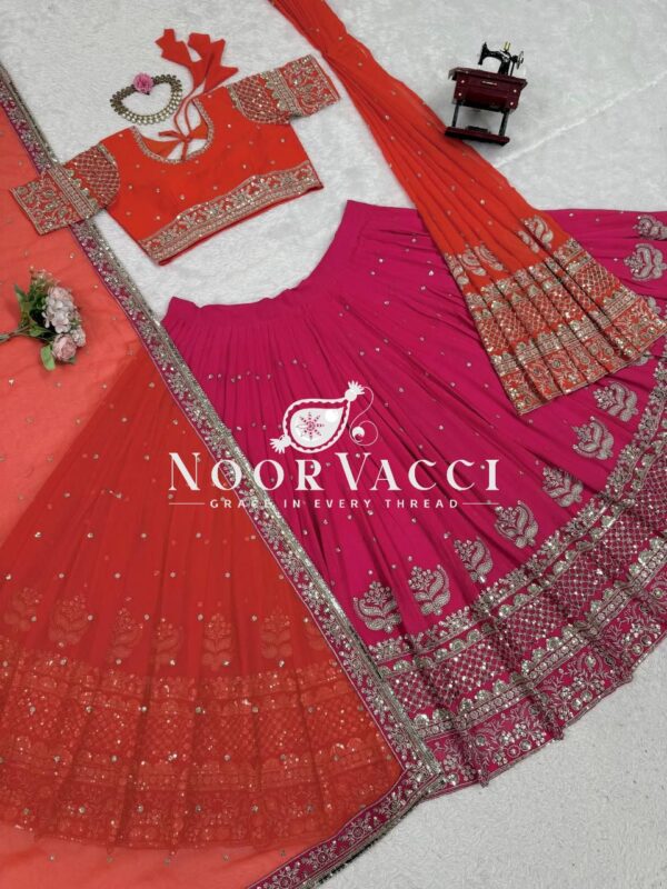 Shop Faux Georgette Embroidered Lehenga Set with Dual Dupattas & Cancan Flair - Image 11