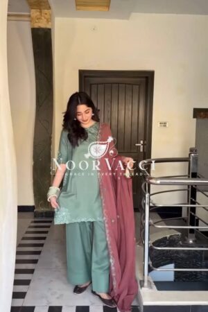Shop Natural Crepe Thread Work Top with Farshi Salwar & Dupatta Set