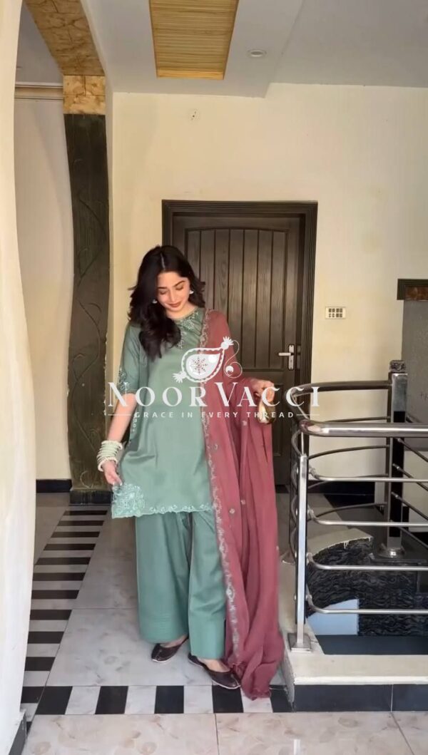 Shop Natural Crepe Thread Work Top with Farshi Salwar & Dupatta Set