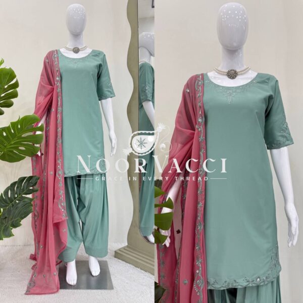 Shop Natural Crepe Thread Work Top with Farshi Salwar & Dupatta Set - Image 2