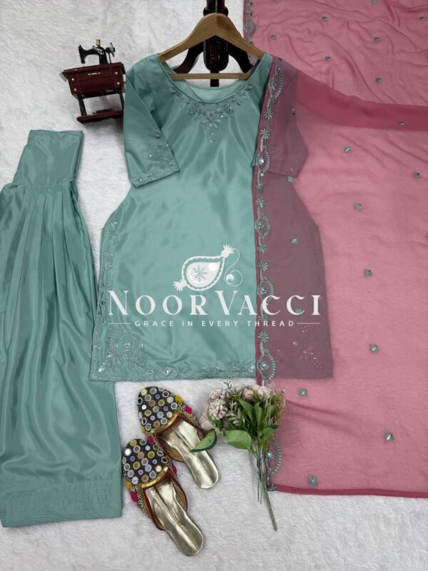 Shop Natural Crepe Thread Work Top with Farshi Salwar & Dupatta Set - Image 4