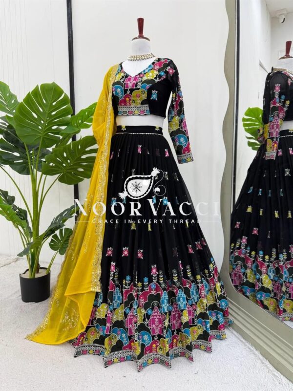Buy Faux Georgette Heavy Embroidered Lehenga Set with Dupatta & Cancan Flair