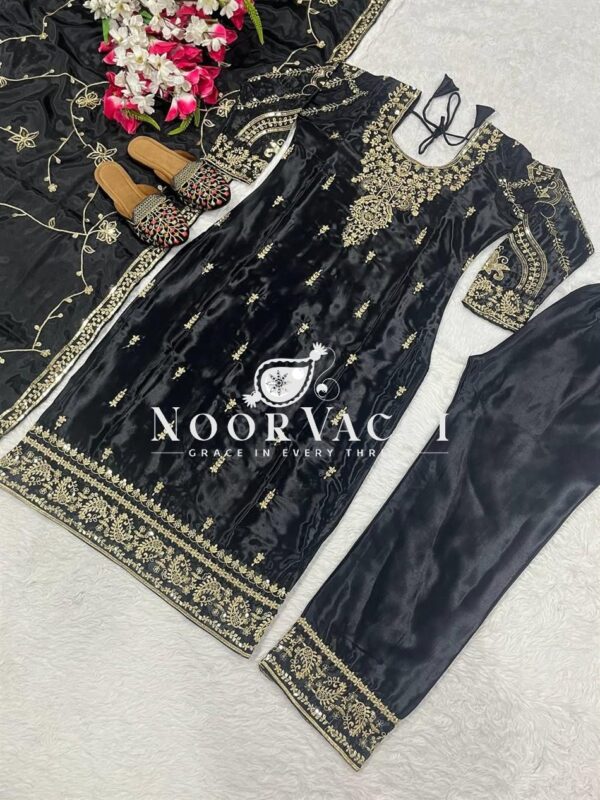 Shop Heavy Chinnon Silk Embroidered Long Top Pant Set with Dupatta - Image 9