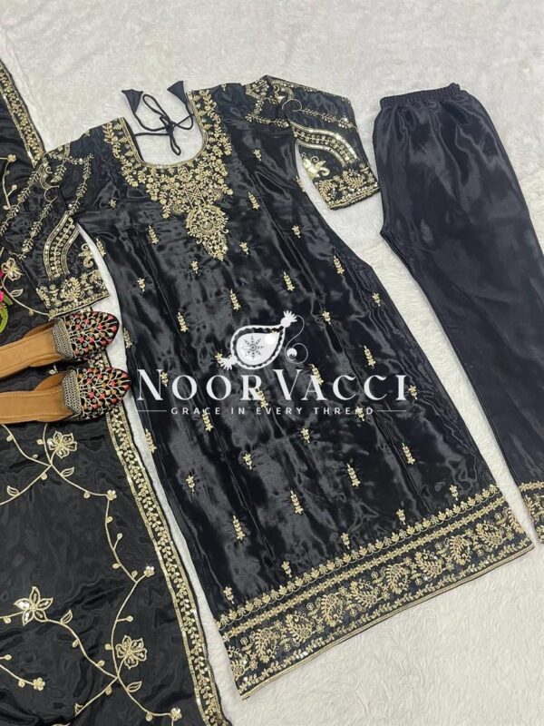 Shop Heavy Chinnon Silk Embroidered Long Top Pant Set with Dupatta - Image 10