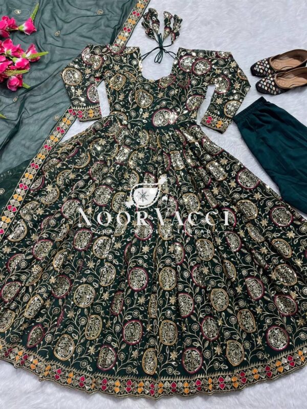 Shop Faux Georgette Embroidered Anarkali Suit with Dupatta and Pant Set - Image 5