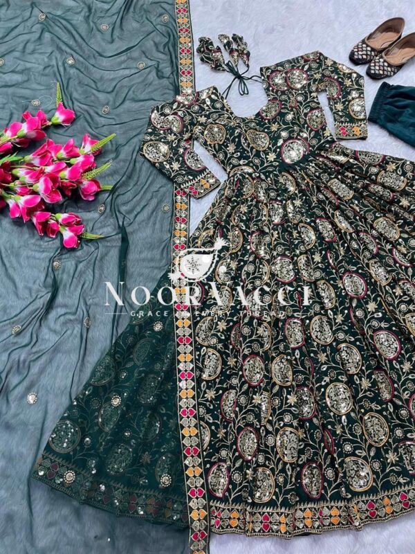 Shop Faux Georgette Embroidered Anarkali Suit with Dupatta and Pant Set - Image 6