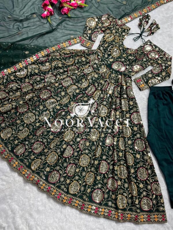 Shop Faux Georgette Embroidered Anarkali Suit with Dupatta and Pant Set - Image 7