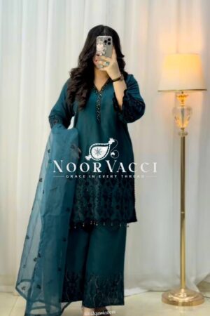 Shop Vichitra Silk Embroidered Top-Pant Set with Dupatta