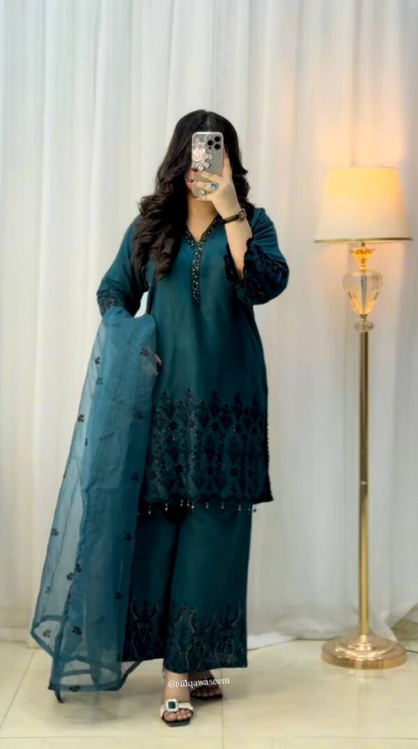 Shop Vichitra Silk Embroidered Top-Pant Set with Dupatta