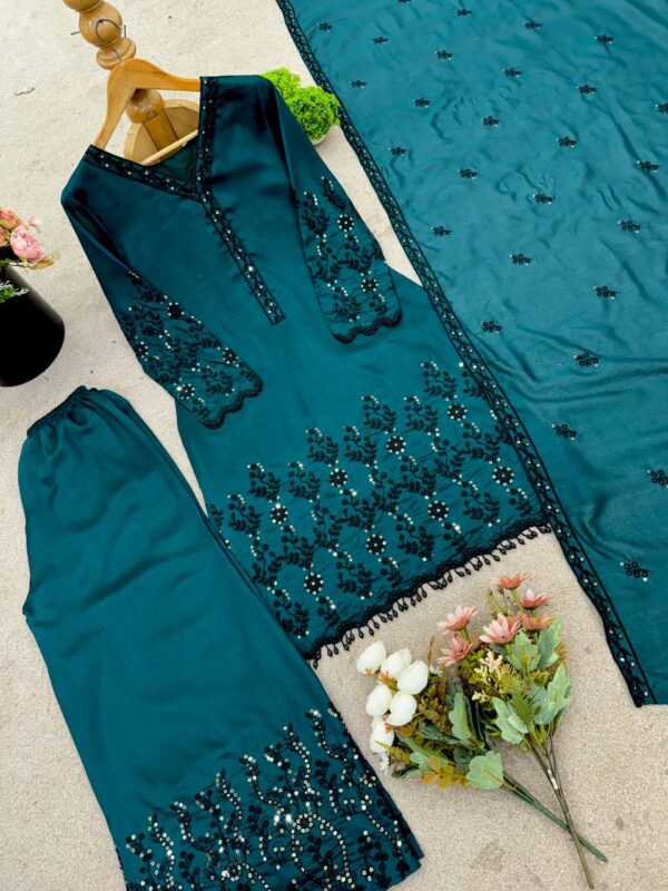 Shop Vichitra Silk Embroidered Top-Pant Set with Dupatta - Image 8