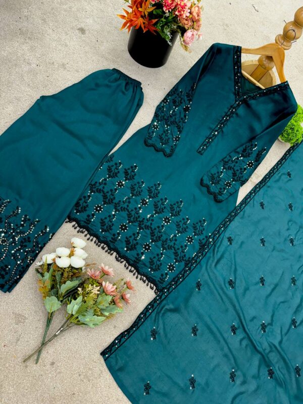 Shop Vichitra Silk Embroidered Top-Pant Set with Dupatta - Image 9