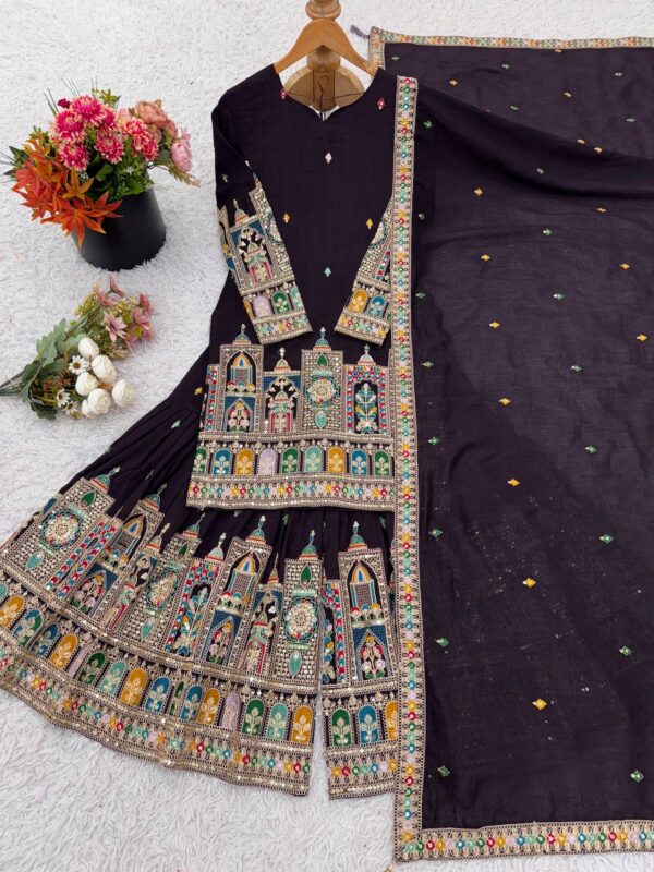 Shop Pure Chinnon Silk Embroidered Top-Plazzo Set with Dupatta - Image 9