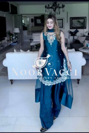 Buy Pure Natural Crepe Satin Embroidered Top with Farshi & Dupatta Set