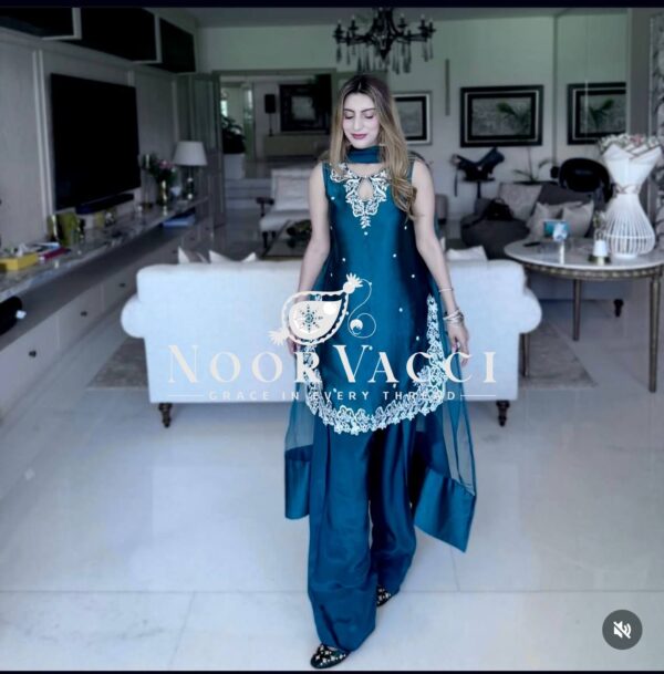 Buy Pure Natural Crepe Satin Embroidered Top with Farshi & Dupatta Set
