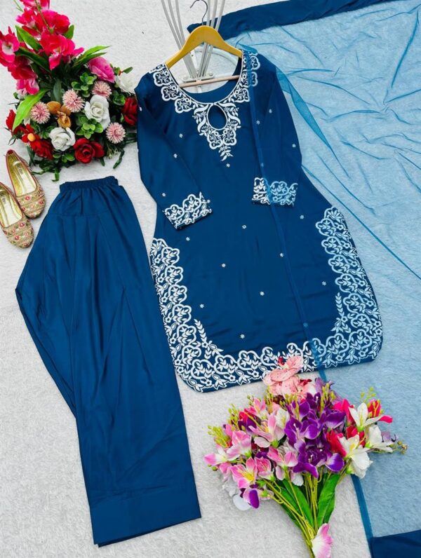 Buy Pure Natural Crepe Satin Embroidered Top with Farshi & Dupatta Set - Image 4
